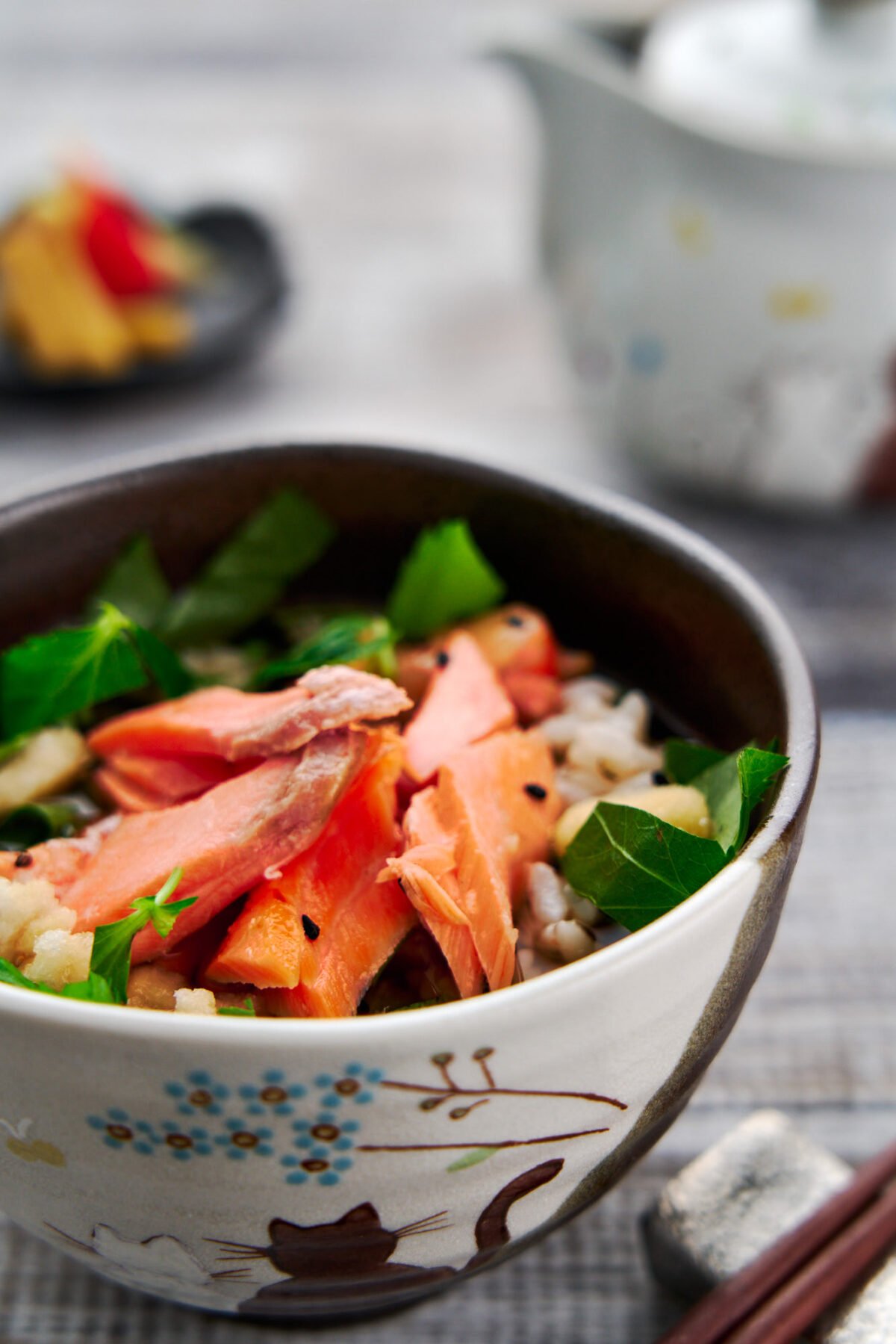 Tea rice or Ochazuke, is a classic Japanese comfort food, and this one is topped with salted salmon and rice crackers.