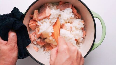 Mixing streamed salmon into rice.