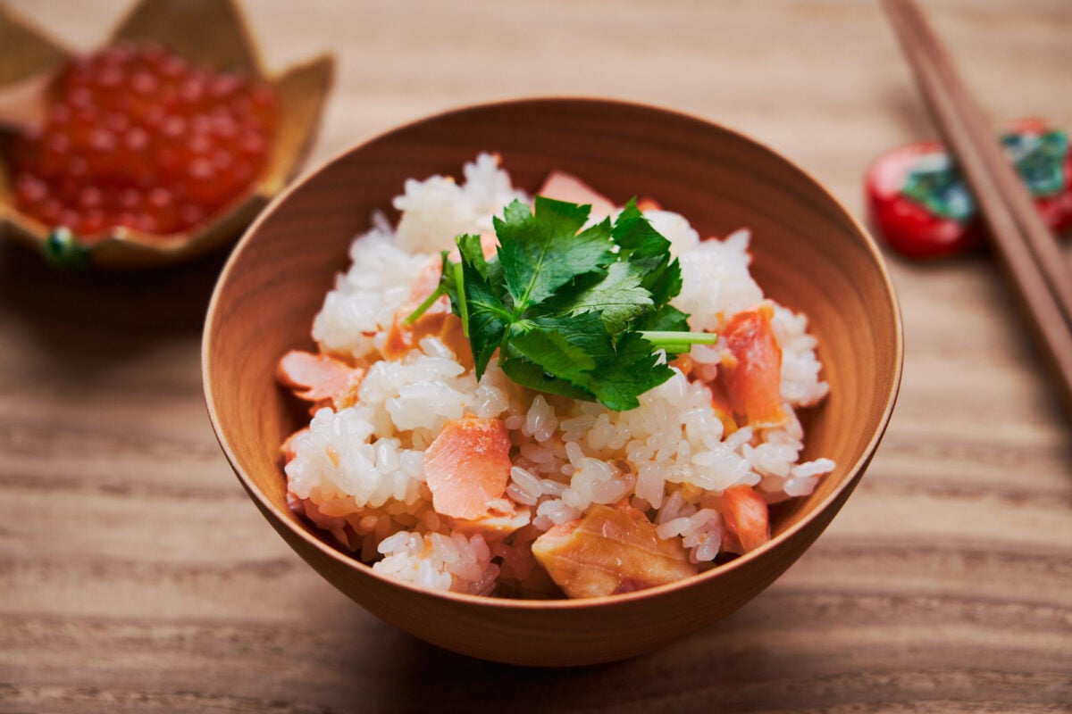 Japanese salmon rice is an easy one-pot meal made by salting salmon and steaming it on top of rice.