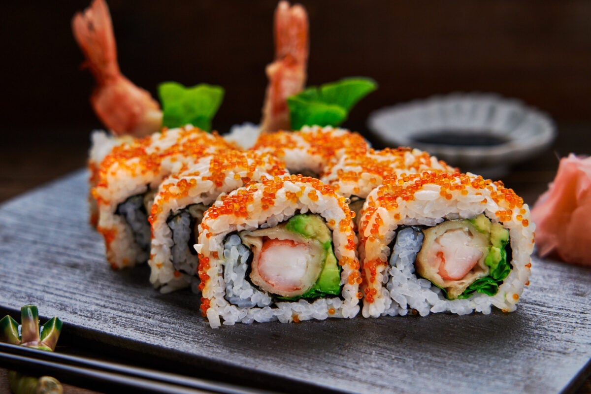 Shrimp Tempura roll with avocado, lettuce and spicy mustard mayo.