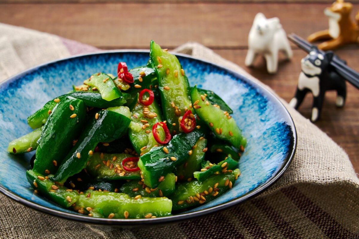 Crunchy smashed cucumbers dressed with a nutty and spicy sesame sauce.