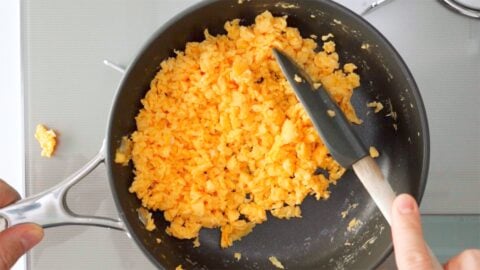 Egg Soboro in frying pan.