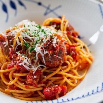 The ultimate guide to making the best Spaghetti and Meatballs, includes tips on the meat, aromatics, seasonings, fillers, and cooking techiniqes to make the juciest, most tender, and flavorful meatballs.