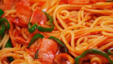 Finished closeup of Spaghetti Napolitan.