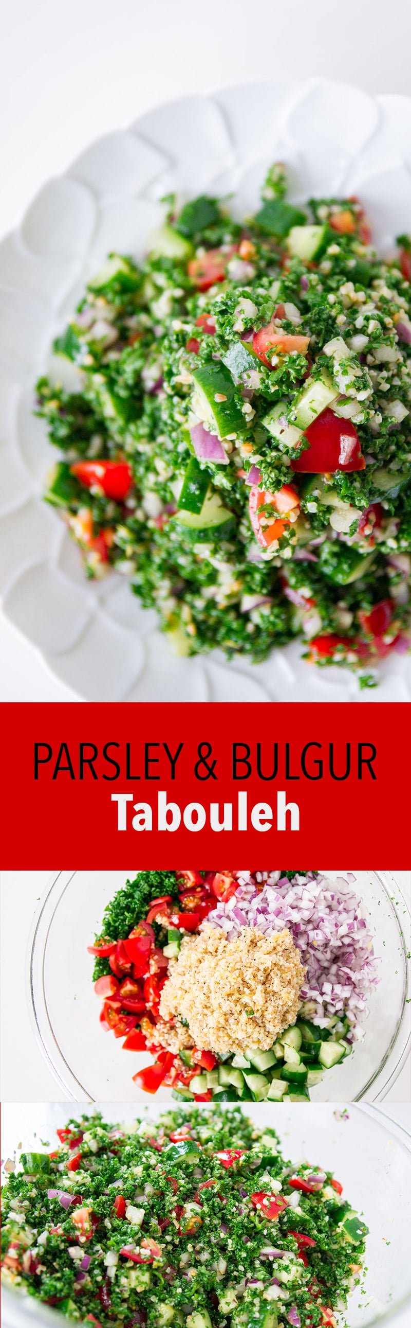 A colorful dish of Tabouleh, with refreshing herbs and chewy bulgar wheat, tossed in a lemony dressing