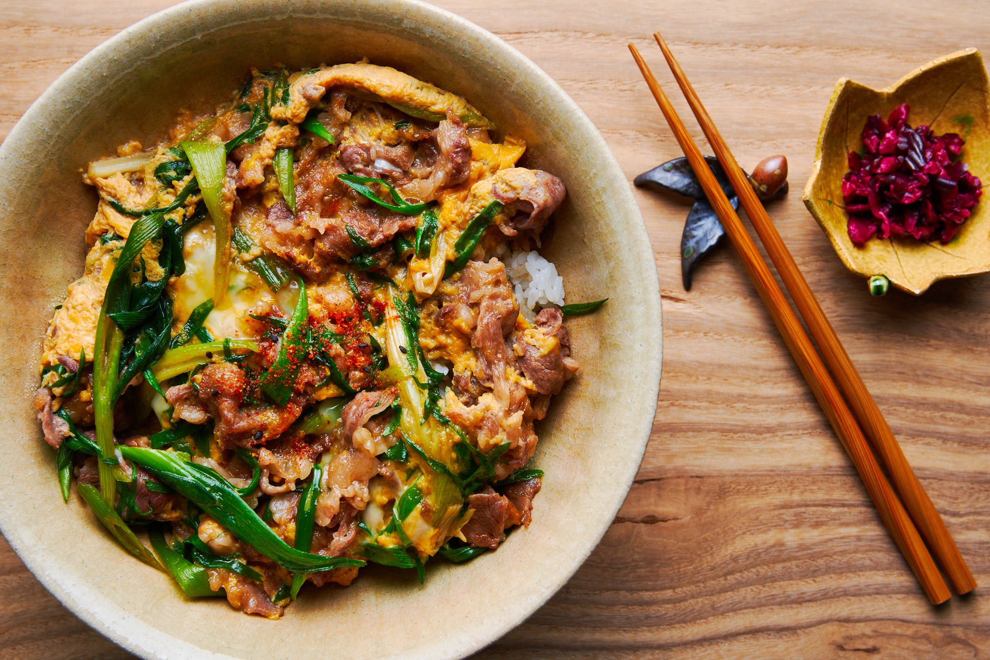 This Japanese beef bowl is loaded with tender beef, sweet scallions and creamy egg cooked in a sweet and savory broth.