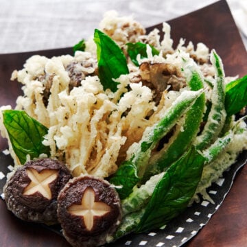 Light, crispy tempura mushrooms and green beans require only 2 ingredients for the batter, the rest is in the technique, which I'll show you.