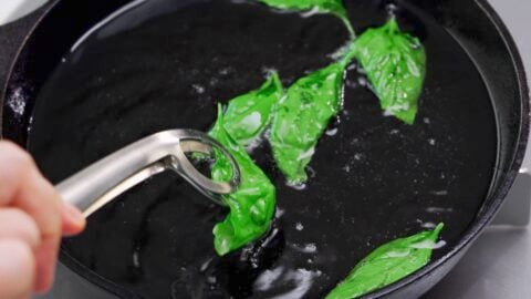 Deep-frying basil in oil