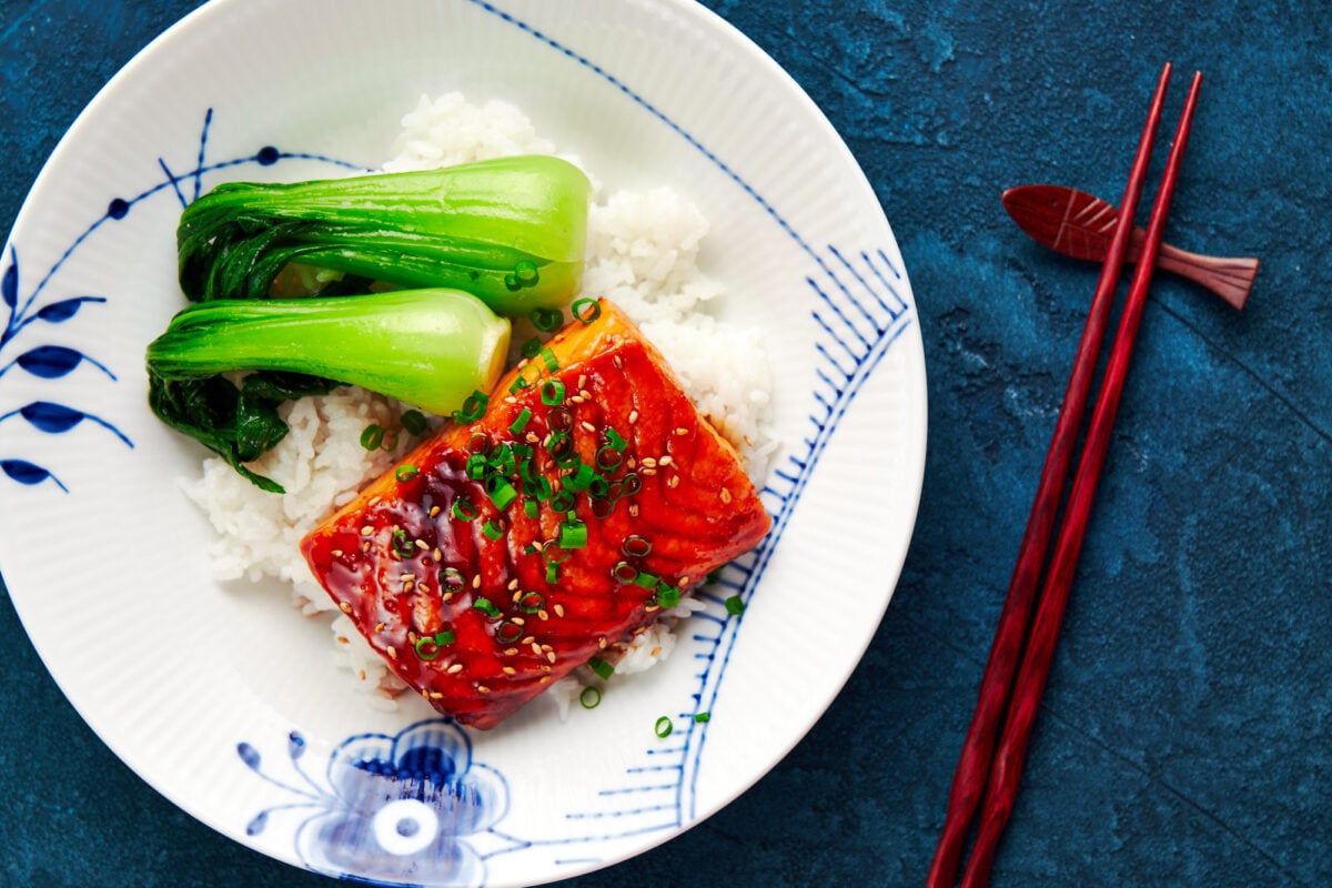 Salmon filet glazed in Japanese teriyaki sauce with bok choy and rice.