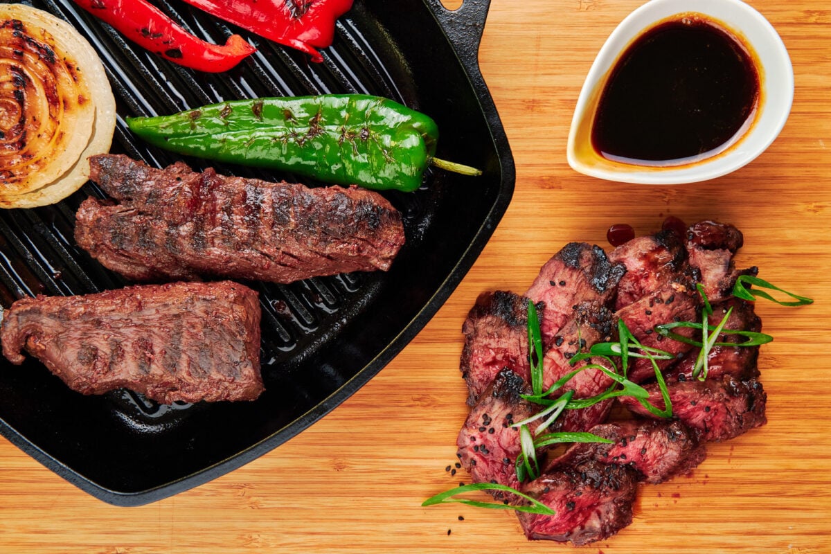 Hanger steak teriyaki grilled on a grill pan with Japanese teriyaki sauce.