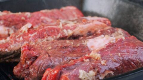 Hanger steaks on grill pan.