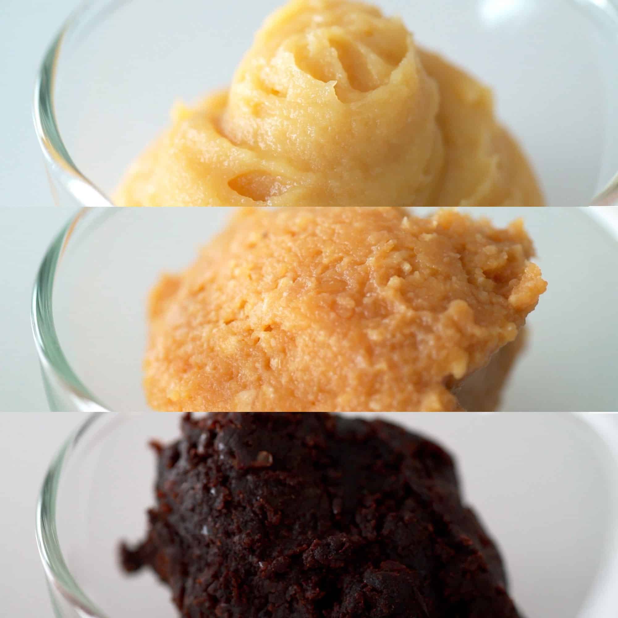 Photos of 3 different types of miso paste including white miso, yellow miso, and red miso.