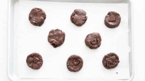 Vegan chocolate cookie dough on parchment paper ready to bake.