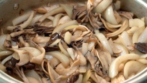 Sautéed mushrooms and onions for Nikujaga.