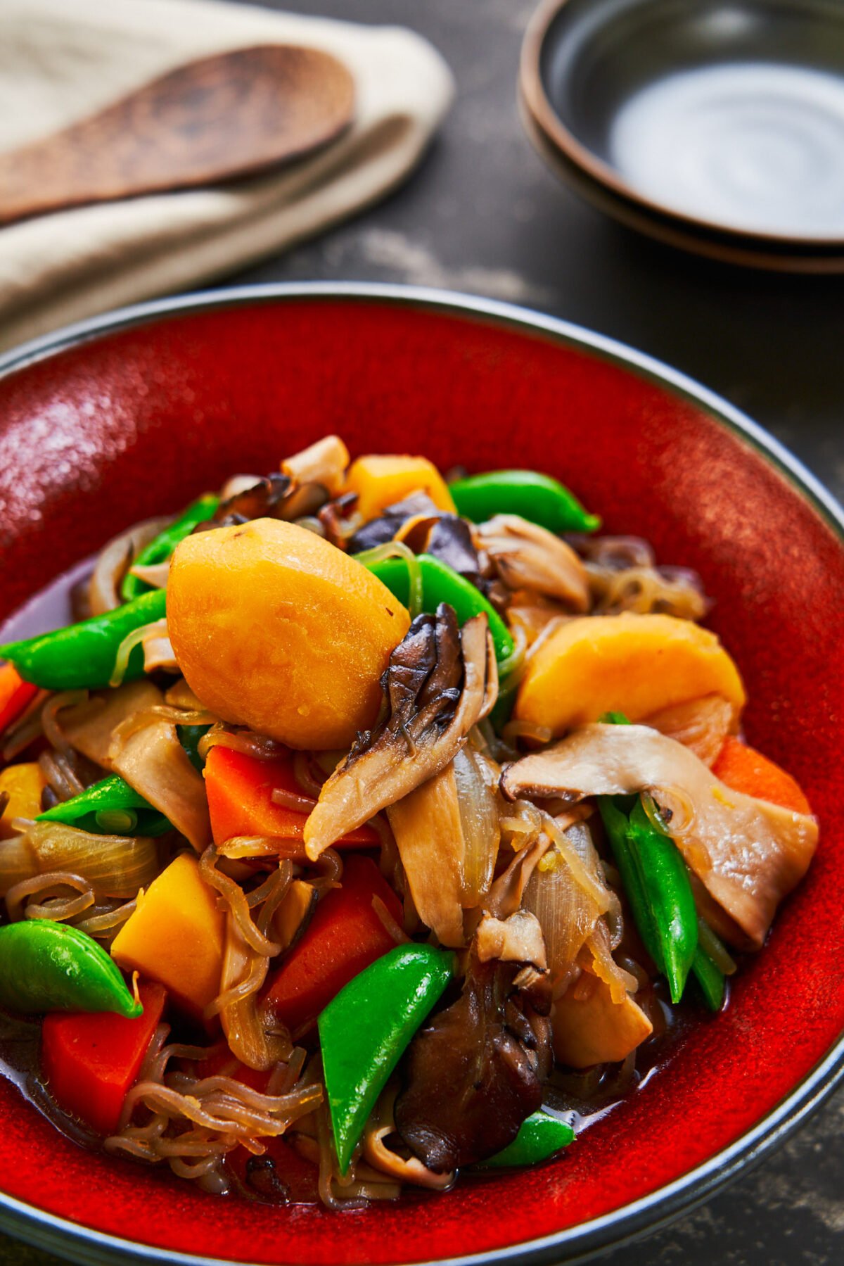 With big hearty chunks of potatoes and carrots cooked together with a meaty medley of mushrooms, you won't miss the meat in this vegan Nikujaga.