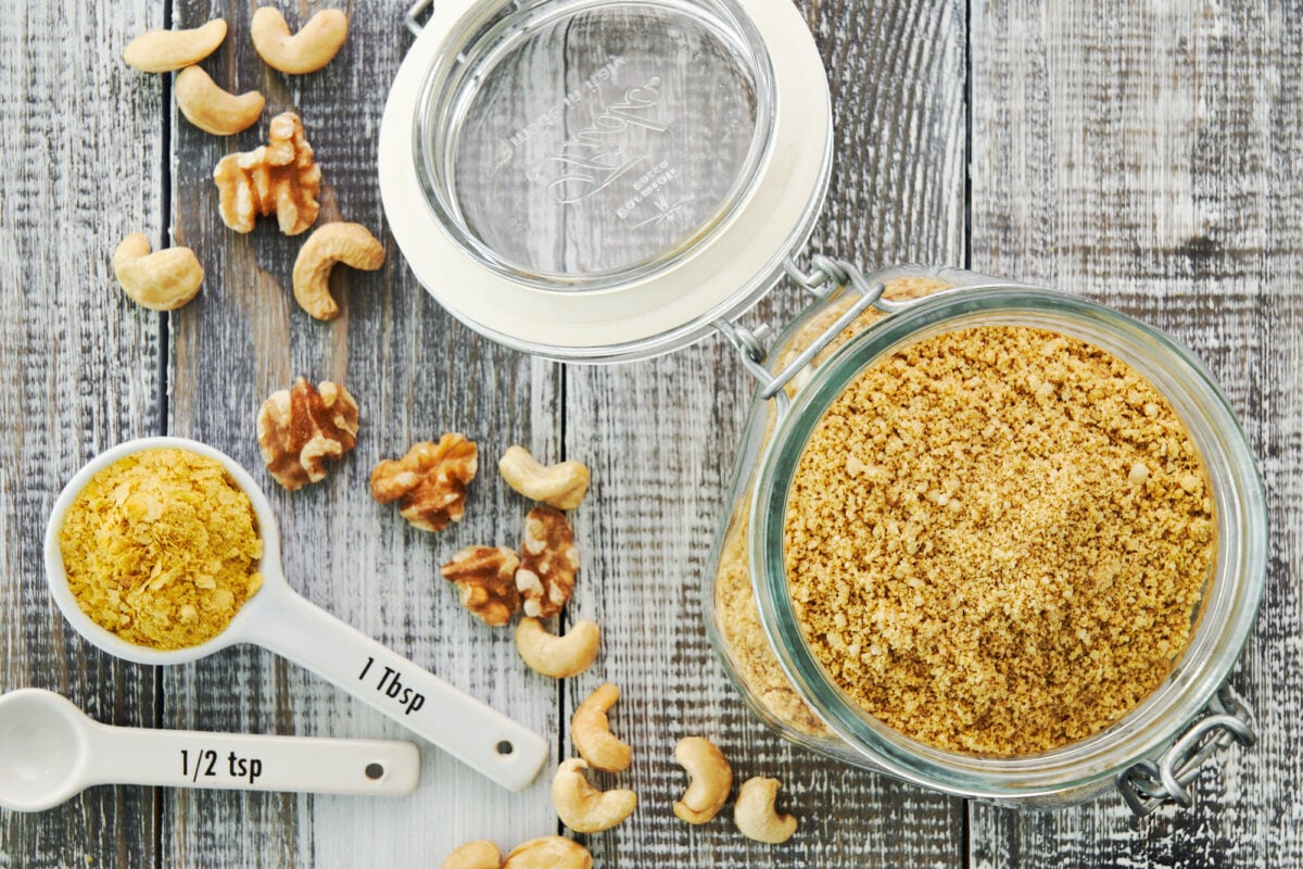 Nuts, yeast, and mushrooms give this vegan parmesan a flavor and texture that's just like the real thing.