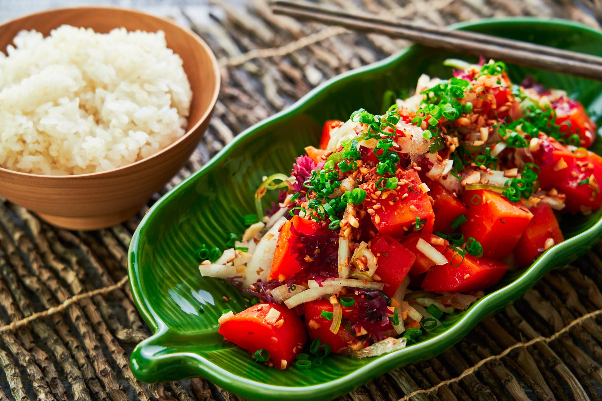 Vegan-friendly poke made from tender carrots, sweet onions, limu and inamona.