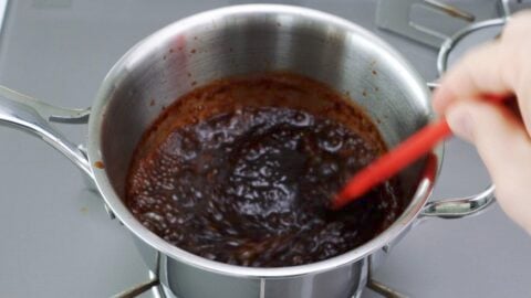 Bubbling pot of homemade katsu sauce.