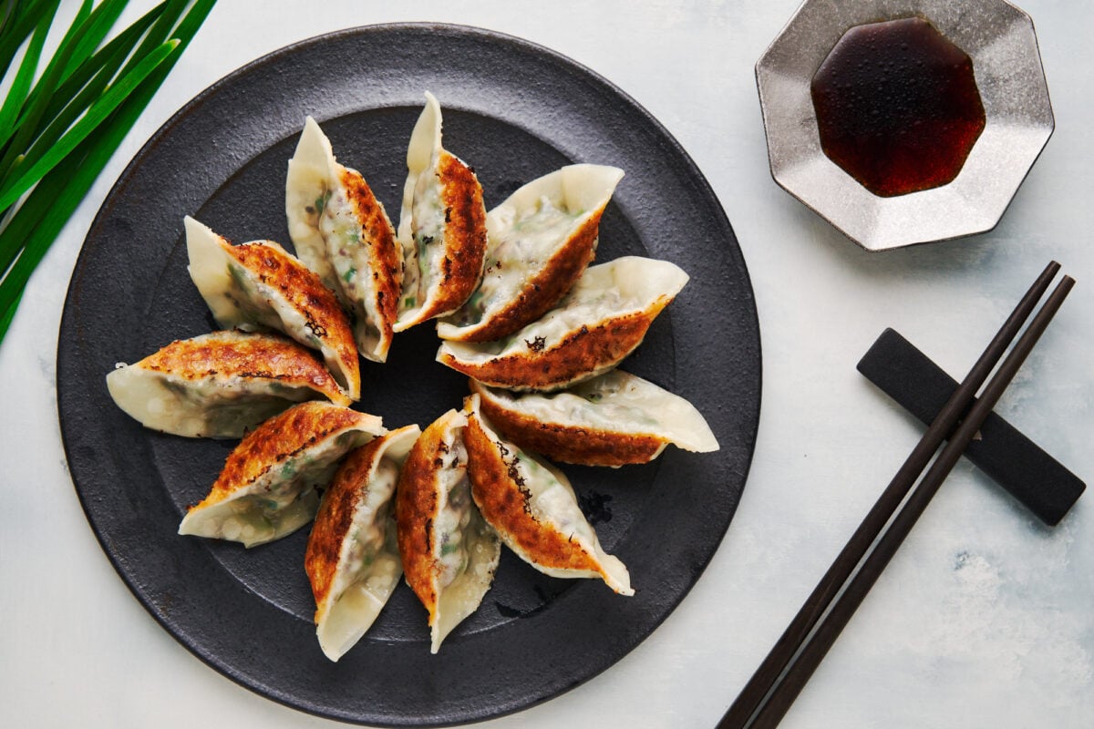 These meatless gyoza (Japanese dumplings) are just as flavorful as the original with a crisp pan-fried bottom and steamed noodly top.