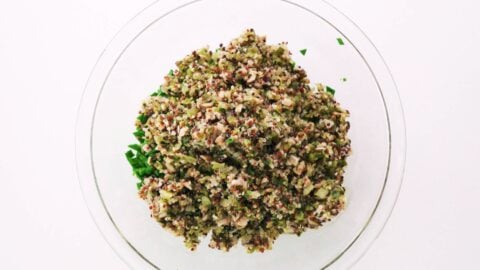 Cooked quinoa and cabbage for gyoza filling.