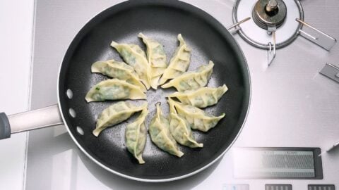 Pan-frying Japanese dumplings.