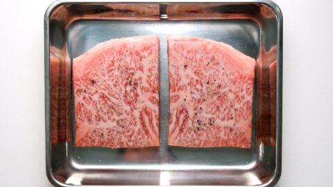 A5 Grade Wagyu Sirloin in a stainless steel tray.